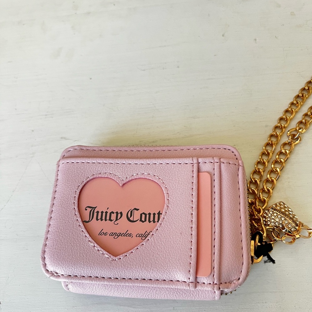 Luxe Juicy Couture Square Zip-Around Wallet Pink Taupe Brown Ribbon Heart Charm - Picture 5 of 10